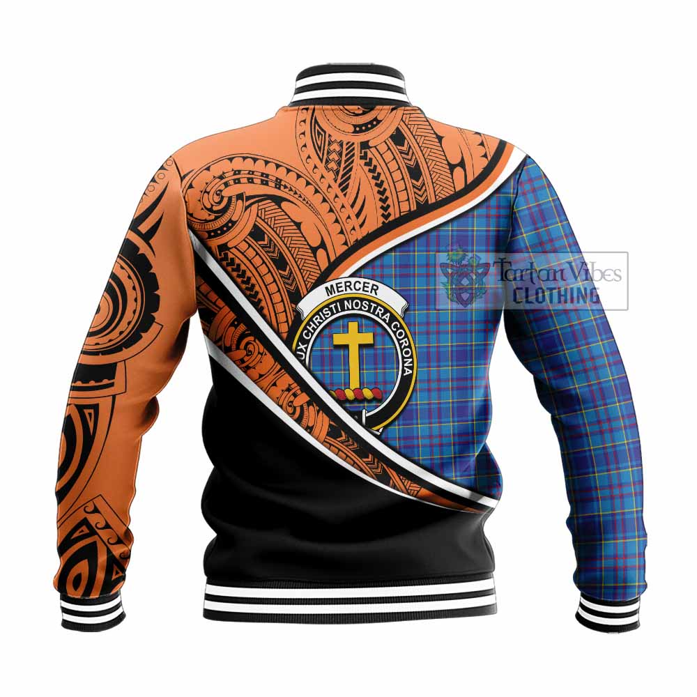 Tartan Vibes Clothing Mercer Crest Tartan Baseball Jacket with Maori Tattoo Style - Orange Version