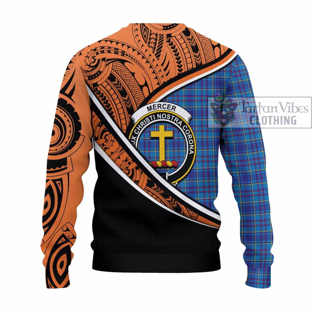 Tartan Vibes Clothing Mercer Crest Tartan Knitted Sweater with Maori Tattoo Style - Orange Version