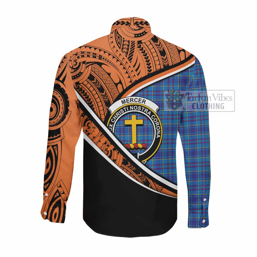 Tartan Vibes Clothing Mercer Crest Tartan Long Sleeve Button Shirt with Maori Tattoo Style - Orange Version