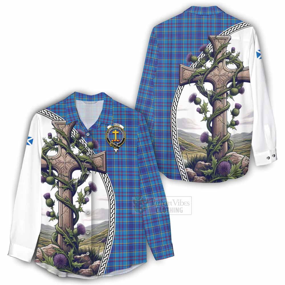 Tartan Vibes Clothing Mercer Tartan Women's Casual Shirt with Family Crest and St. Andrew's Cross Accented by Thistle Vines