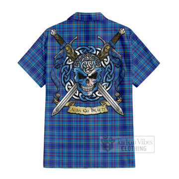 Mercer Tartan Short Sleeve Button Shirt with Family Crest Celtic Skull Style