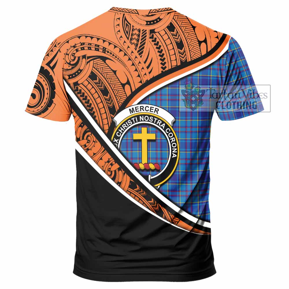 Tartan Vibes Clothing Mercer Crest Tartan T-Shirt with Maori Tattoo Style - Orange Version