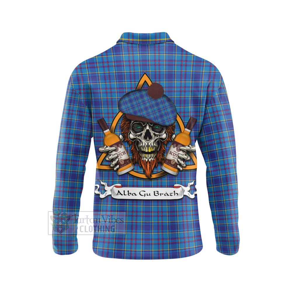 Tartan Vibes Clothing Mercer Tartan Long Sleeve Polo Shirt with Family Crest and Bearded Skull Holding Bottles of Whiskey