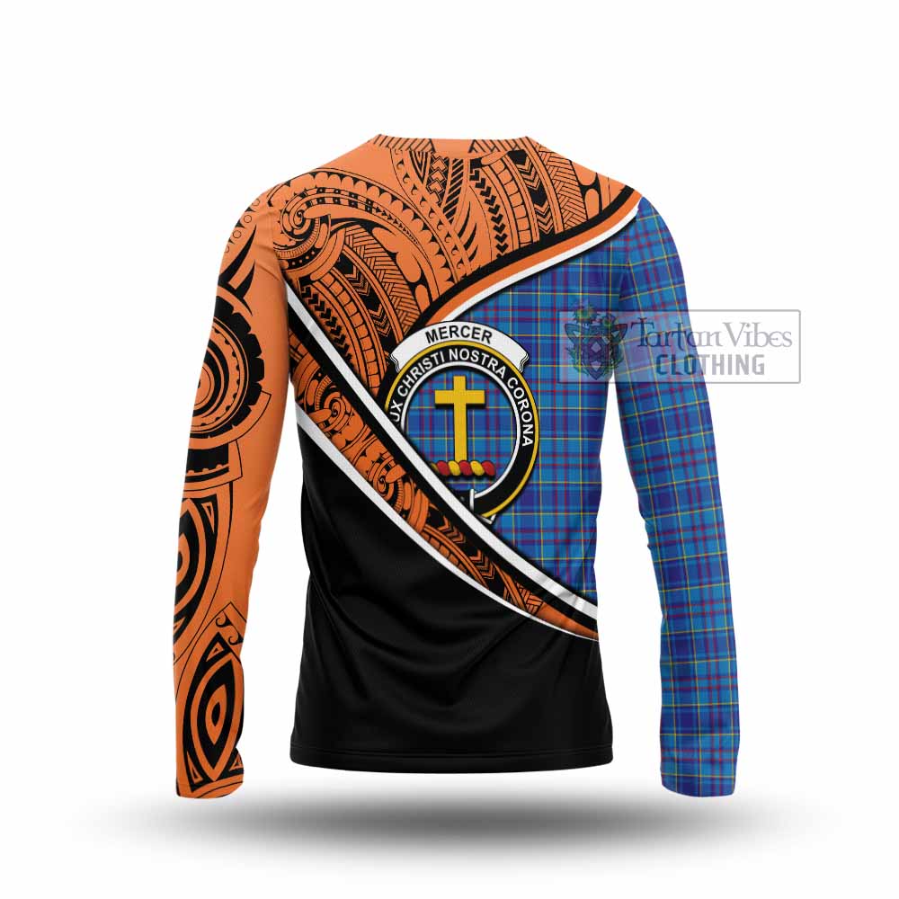 Tartan Vibes Clothing Mercer Crest Tartan Long Sleeve T-Shirt with Maori Tattoo Style - Orange Version