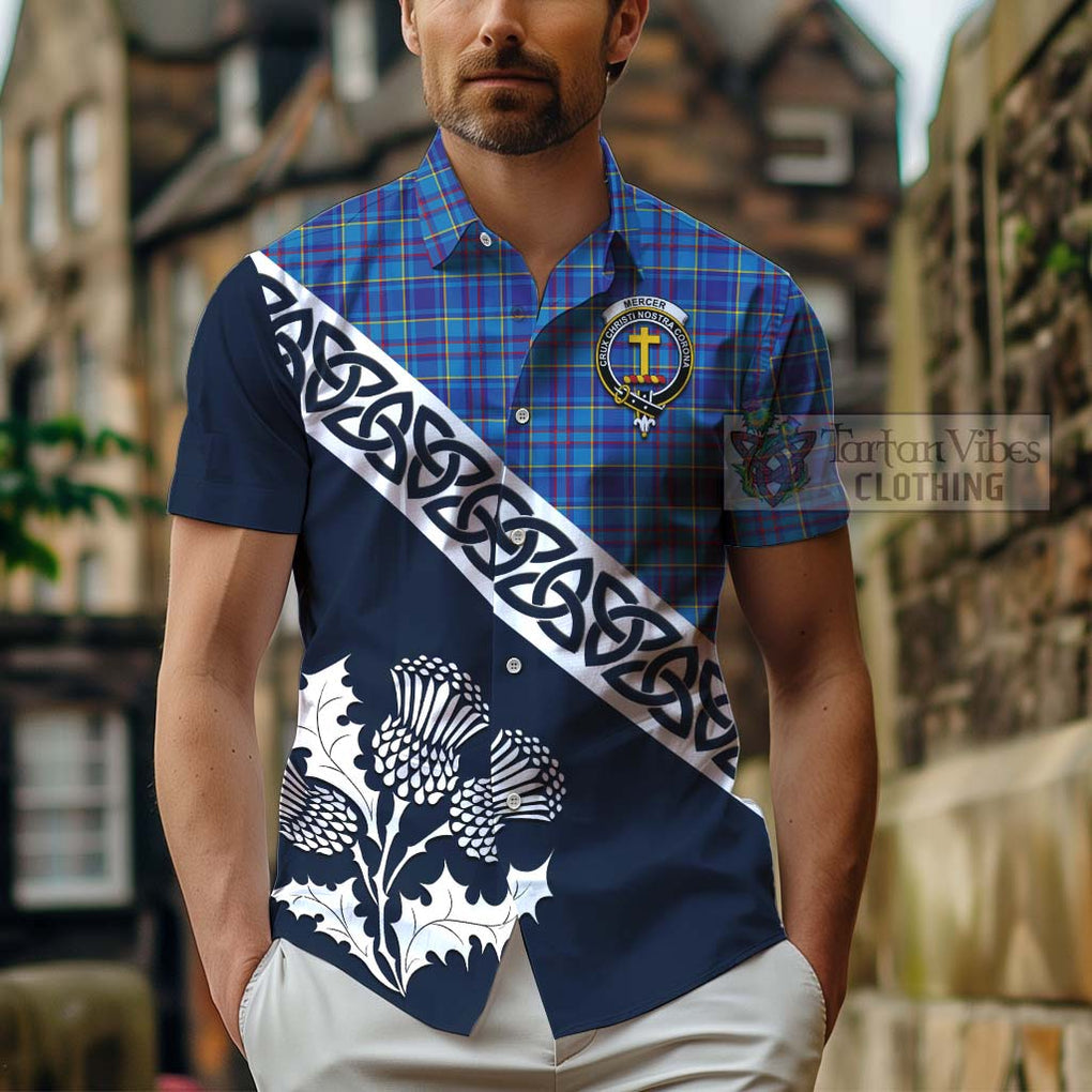 Tartan Vibes Clothing Mercer Tartan Short Sleeve Button Shirt Featuring Thistle and Scotland Map