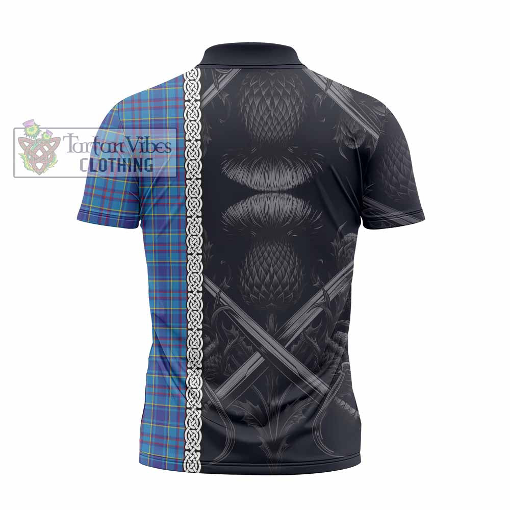 Tartan Vibes Clothing Mercer Tartan Zipper Polo Shirt with Family Crest Cross Sword Thistle Celtic Vibes