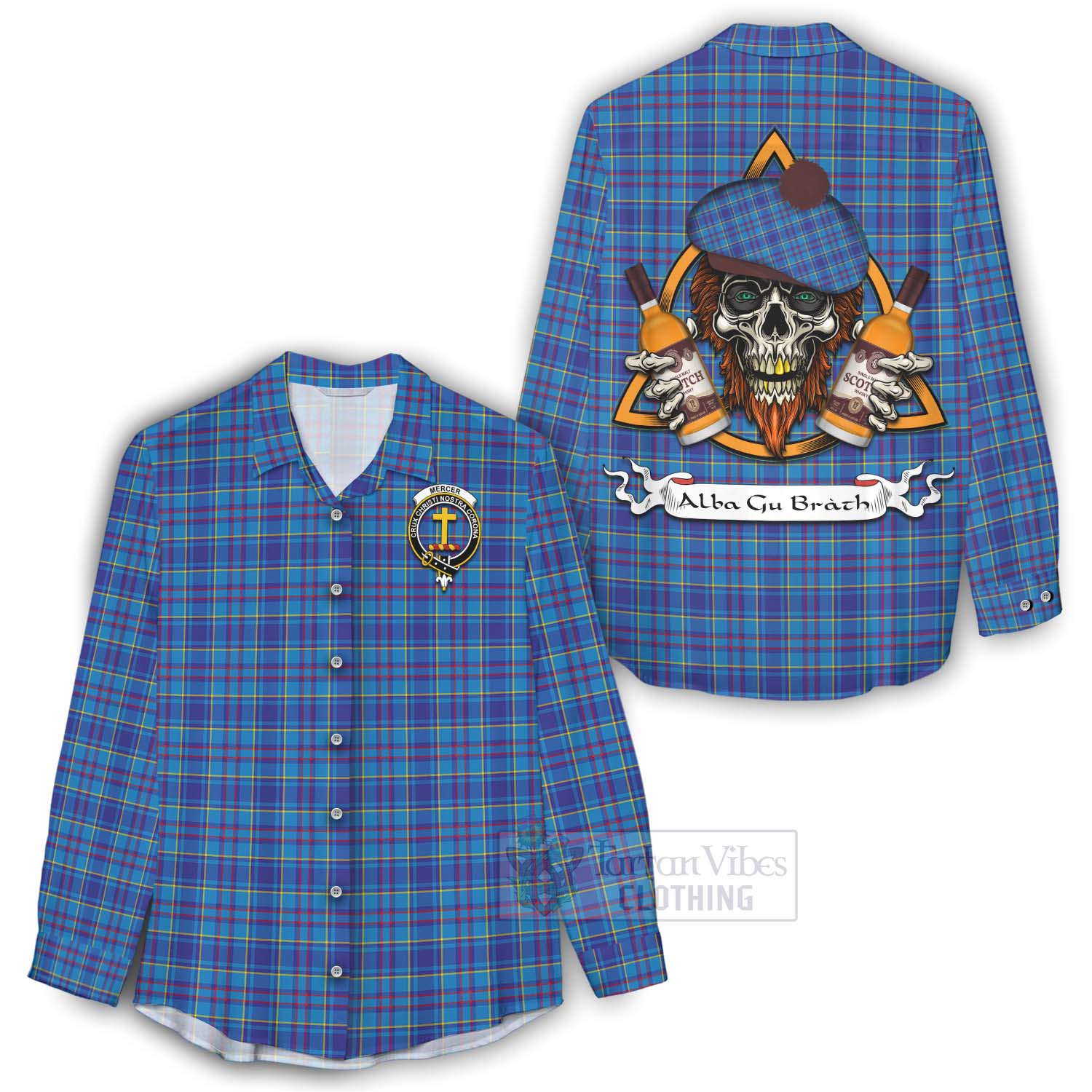 Tartan Vibes Clothing Mercer Tartan Women's Casual Shirt with Family Crest and Bearded Skull Holding Bottles of Whiskey