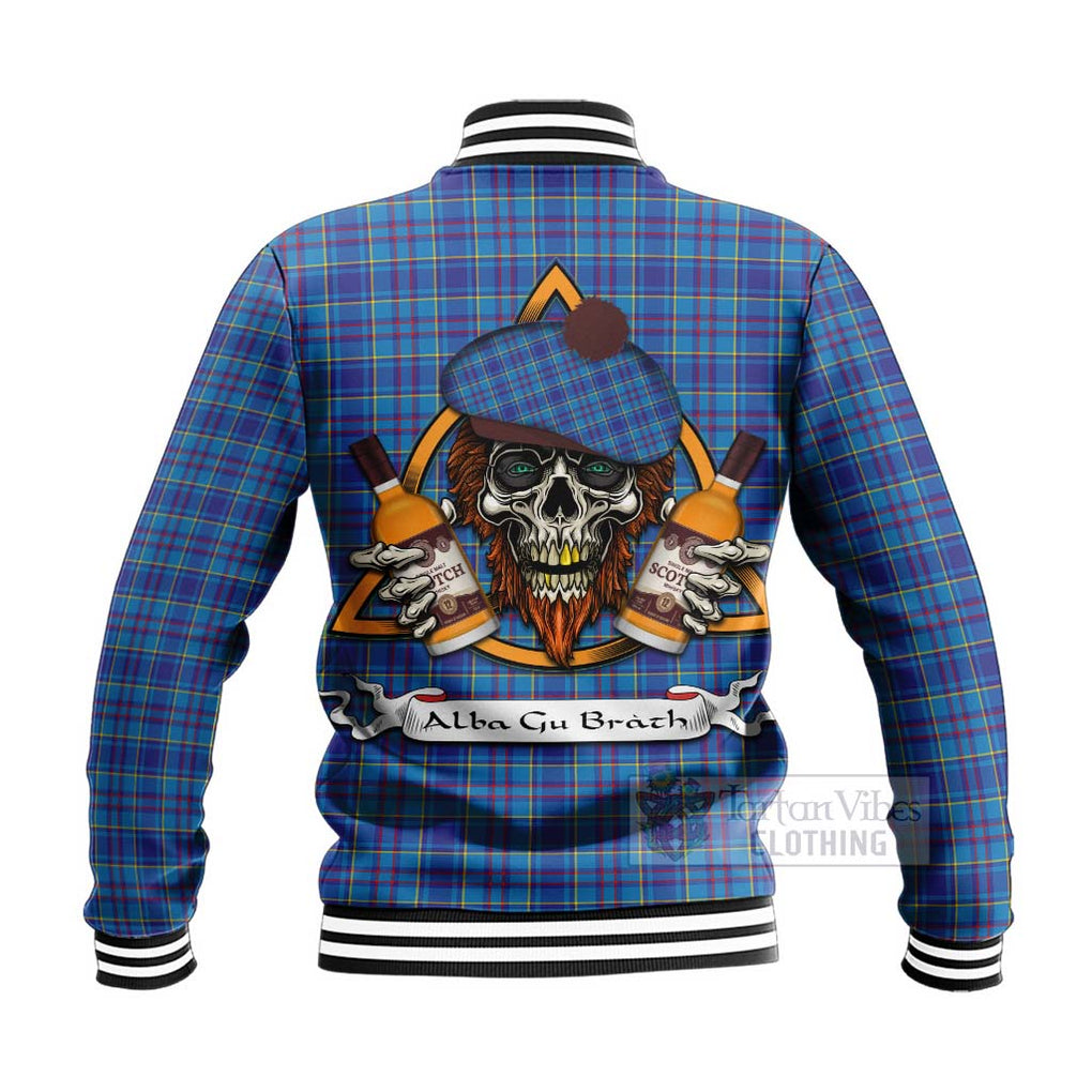 Tartan Vibes Clothing Mercer Tartan Baseball Jacket with Family Crest and Bearded Skull Holding Bottles of Whiskey