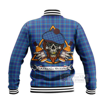 Mercer Tartan Baseball Jacket with Family Crest and Bearded Skull Holding Bottles of Whiskey