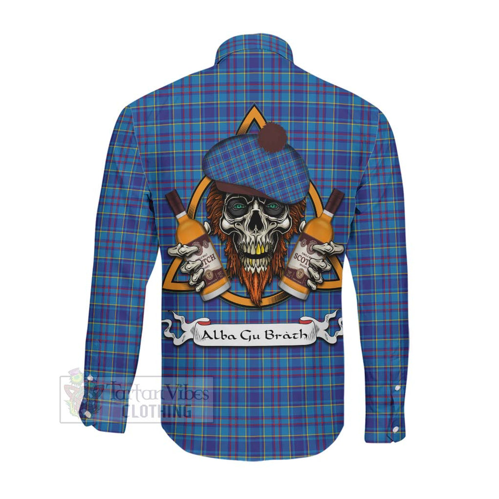 Tartan Vibes Clothing Mercer Tartan Long Sleeve Button Shirt with Family Crest and Bearded Skull Holding Bottles of Whiskey