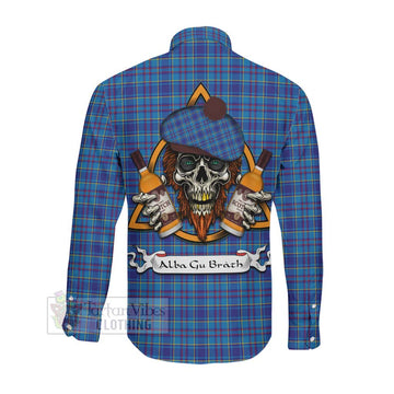 Mercer Tartan Long Sleeve Button Shirt with Family Crest and Bearded Skull Holding Bottles of Whiskey