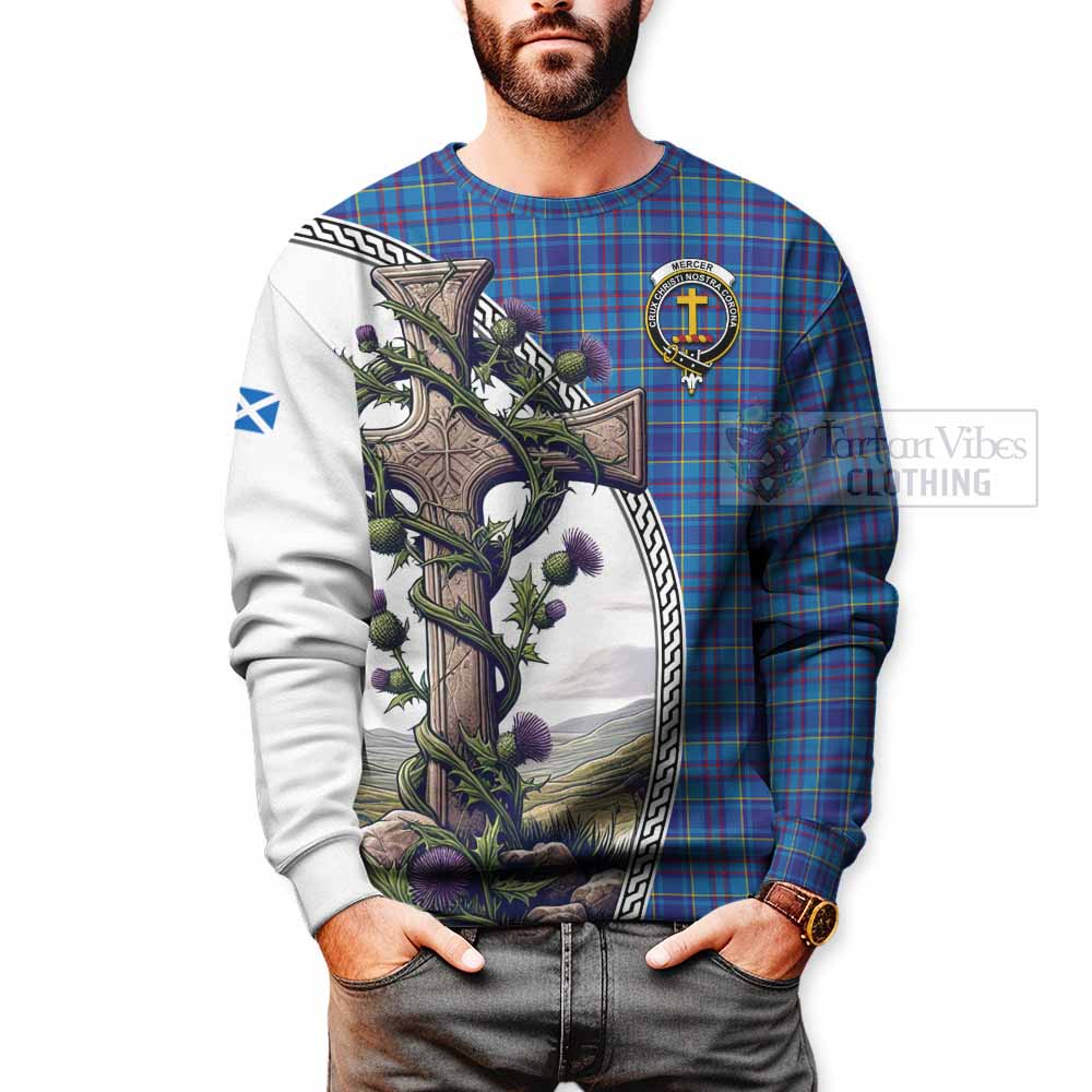 Tartan Vibes Clothing Mercer Tartan Sweatshirt with Family Crest and St. Andrew's Cross Accented by Thistle Vines