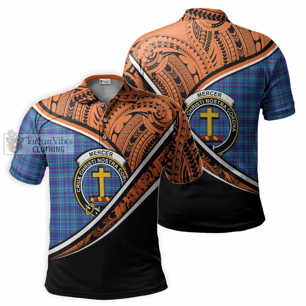 Tartan Vibes Clothing Mercer Crest Tartan Polo Shirt with Maori Tattoo Style - Orange Version