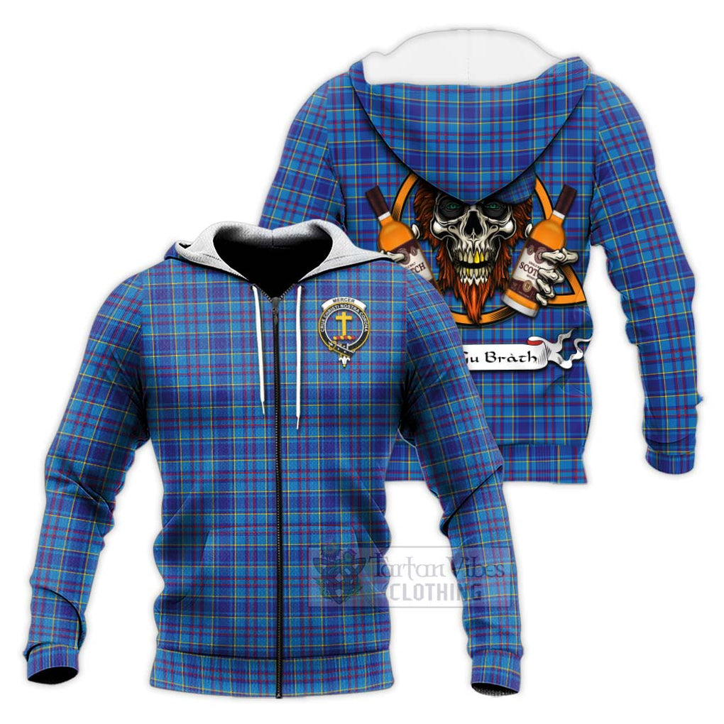 Tartan Vibes Clothing Mercer Tartan Knitted Hoodie with Family Crest and Bearded Skull Holding Bottles of Whiskey