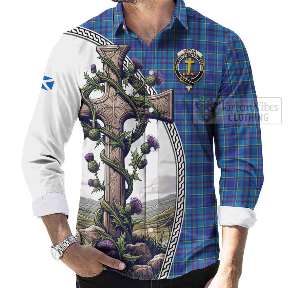 Tartan Vibes Clothing Mercer Tartan Long Sleeve Button Shirt with Family Crest and St. Andrew's Cross Accented by Thistle Vines