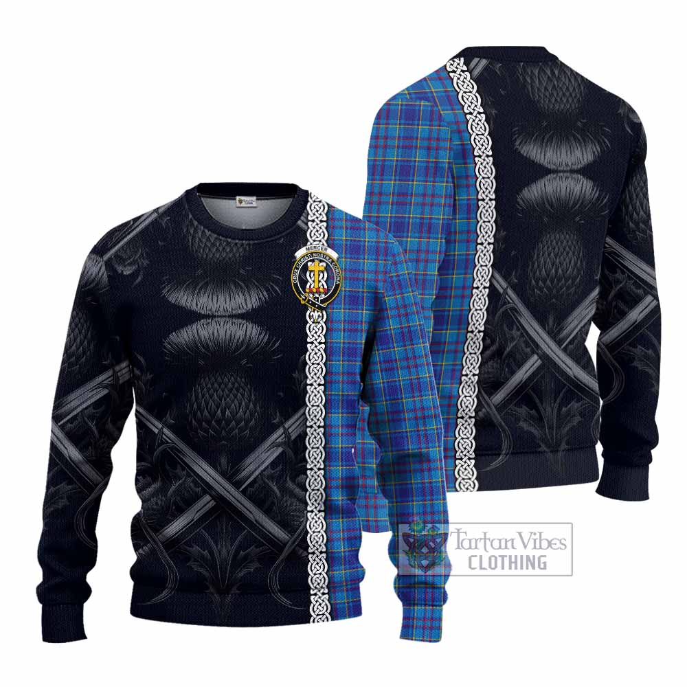 Tartan Vibes Clothing Mercer Tartan Knitted Sweater with Family Crest Cross Sword Thistle Celtic Vibes