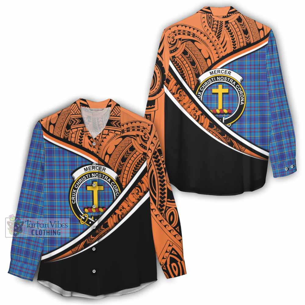 Tartan Vibes Clothing Mercer Crest Tartan Women's Casual Shirt with Maori Tattoo Style - Orange Version