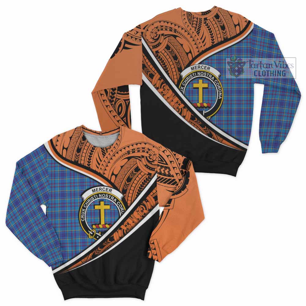 Tartan Vibes Clothing Mercer Crest Tartan Sweatshirt with Maori Tattoo Style - Orange Version