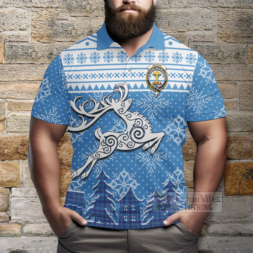 Tartan Vibes Clothing Mercer Clan Christmas Polo Shirt Celtic Reindeer Style