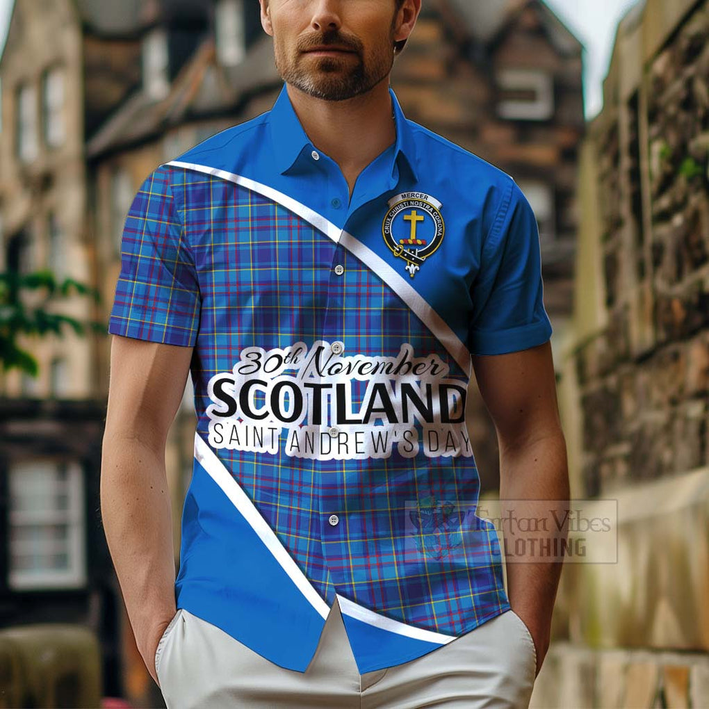 Tartan Vibes Clothing Mercer Family Crest Tartan Short Sleeve Button Shirt Celebrate Saint Andrew's Day in Style