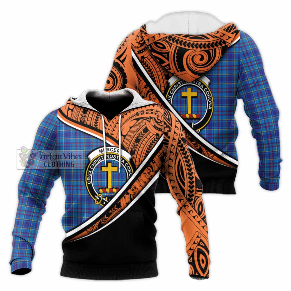 Tartan Vibes Clothing Mercer Crest Tartan Knitted Hoodie with Maori Tattoo Style - Orange Version