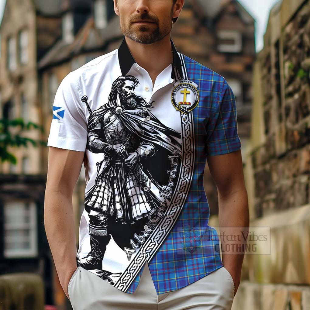 Tartan Vibes Clothing Mercer Tartan Clan Crest Short Sleeve Button Shirt with Highlander Warrior Celtic Style