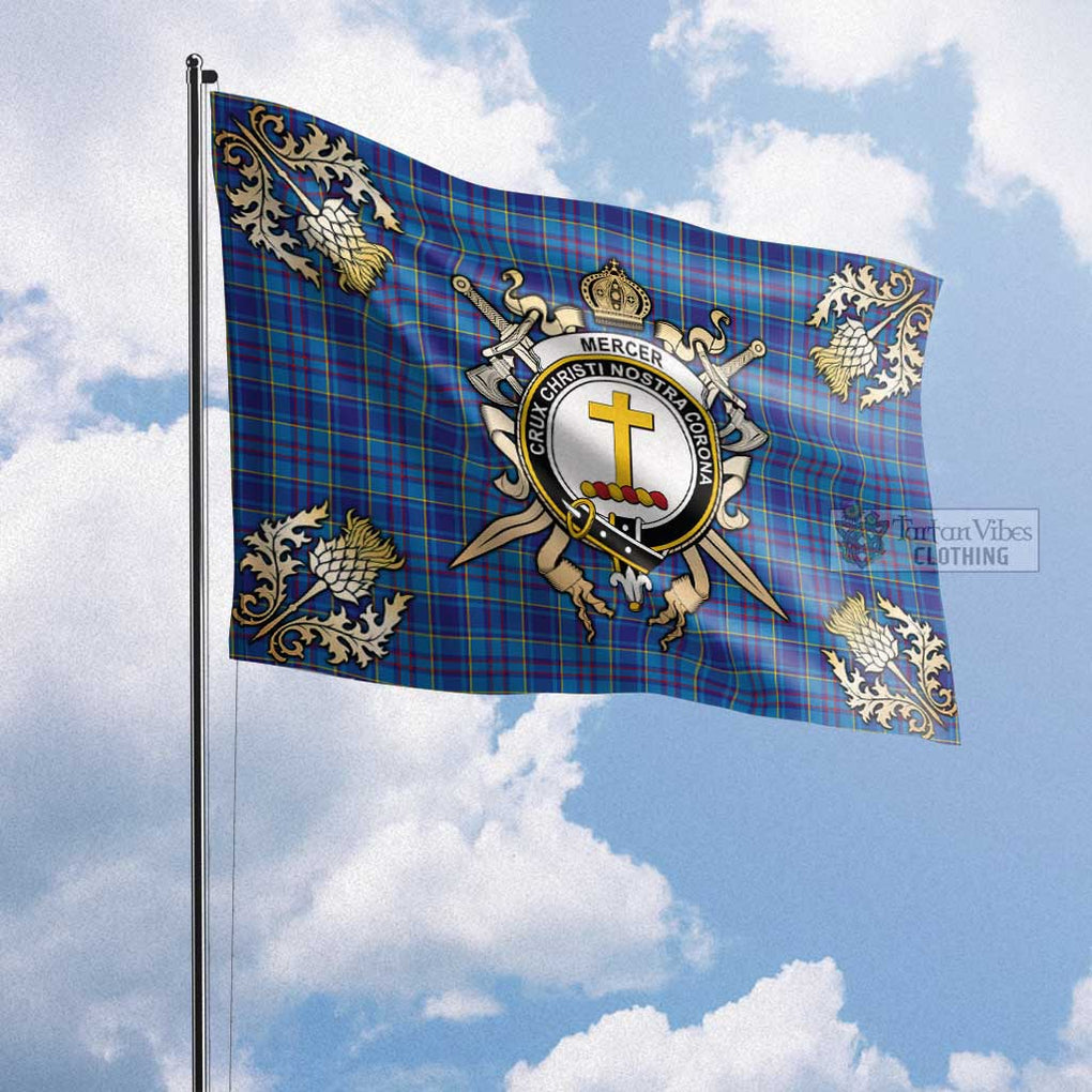 Tartan Vibes Clothing Mercer Tartan Flag with Family Crest and Golden Thistle Crossed Sword Design