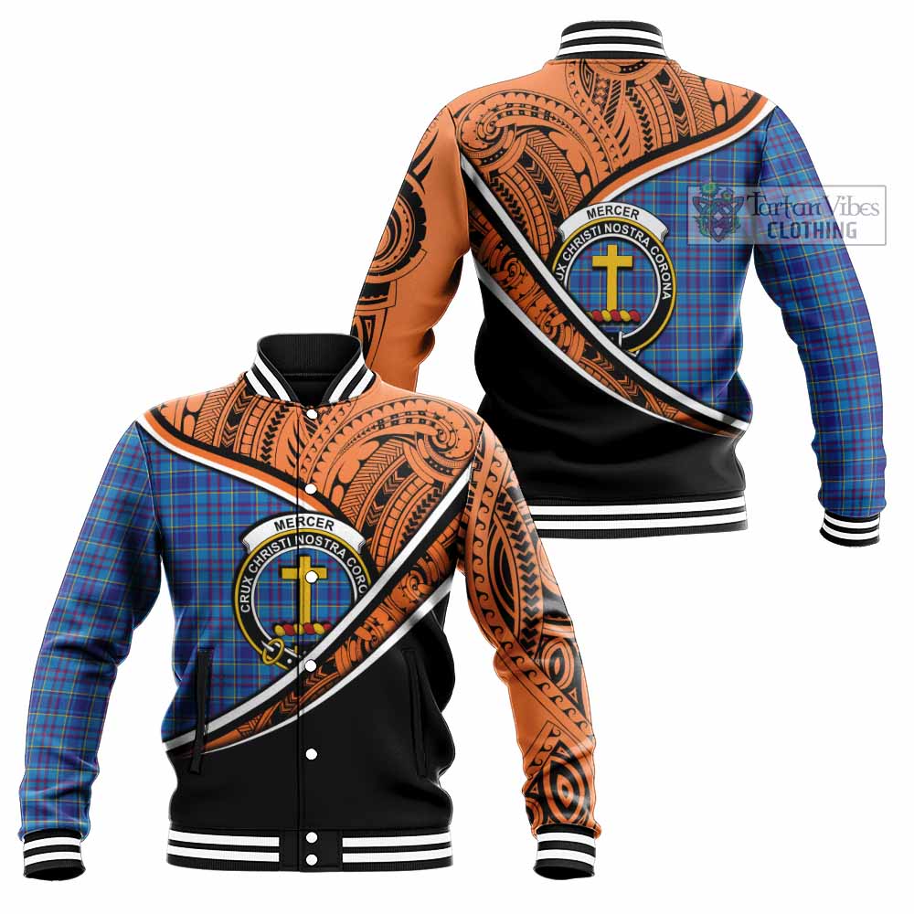 Tartan Vibes Clothing Mercer Crest Tartan Baseball Jacket with Maori Tattoo Style - Orange Version