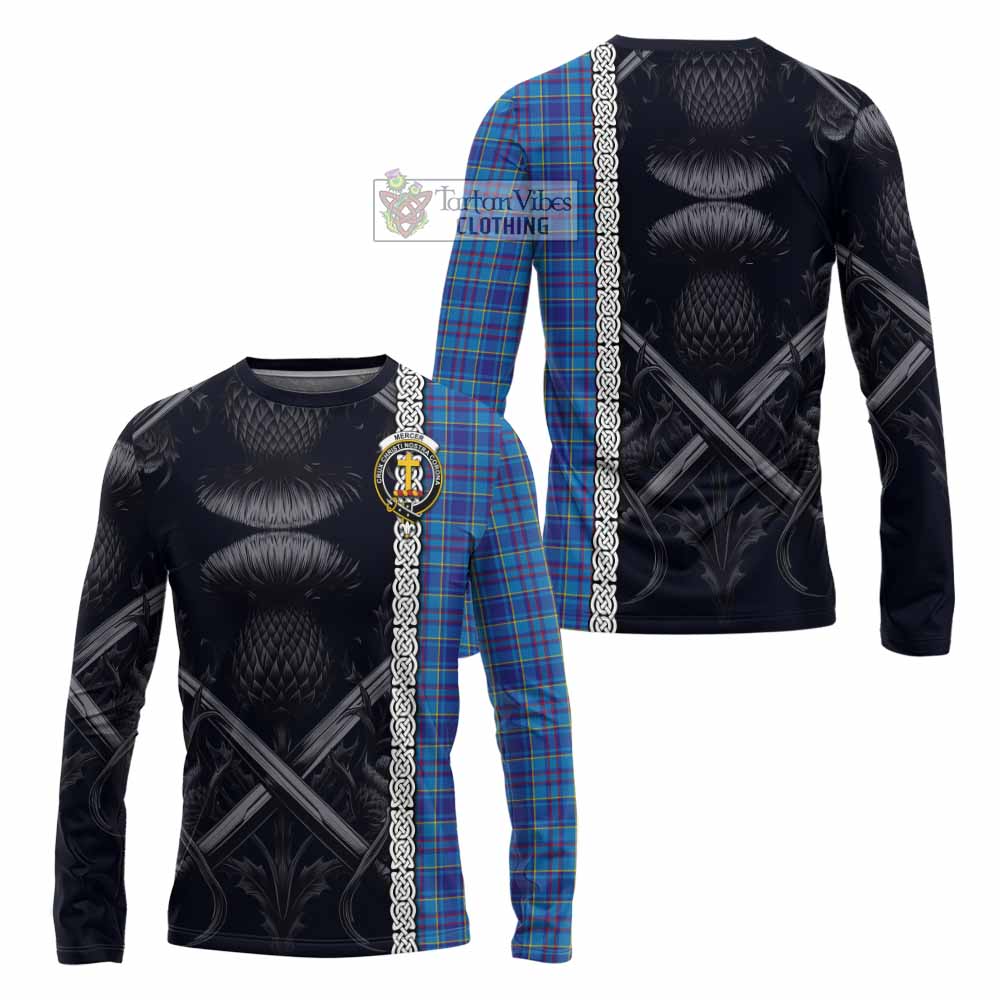 Tartan Vibes Clothing Mercer Tartan Long Sleeve T-Shirt with Family Crest Cross Sword Thistle Celtic Vibes