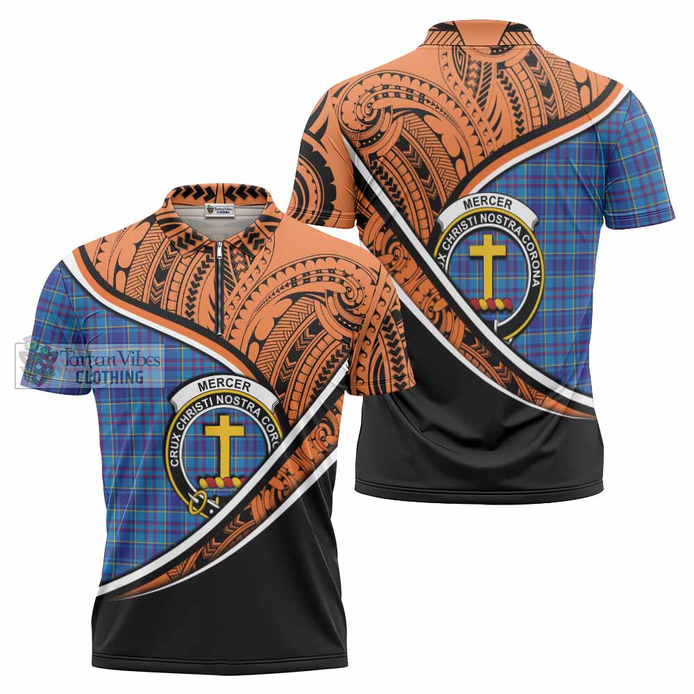 Tartan Vibes Clothing Mercer Crest Tartan Zipper Polo Shirt with Maori Tattoo Style - Orange Version