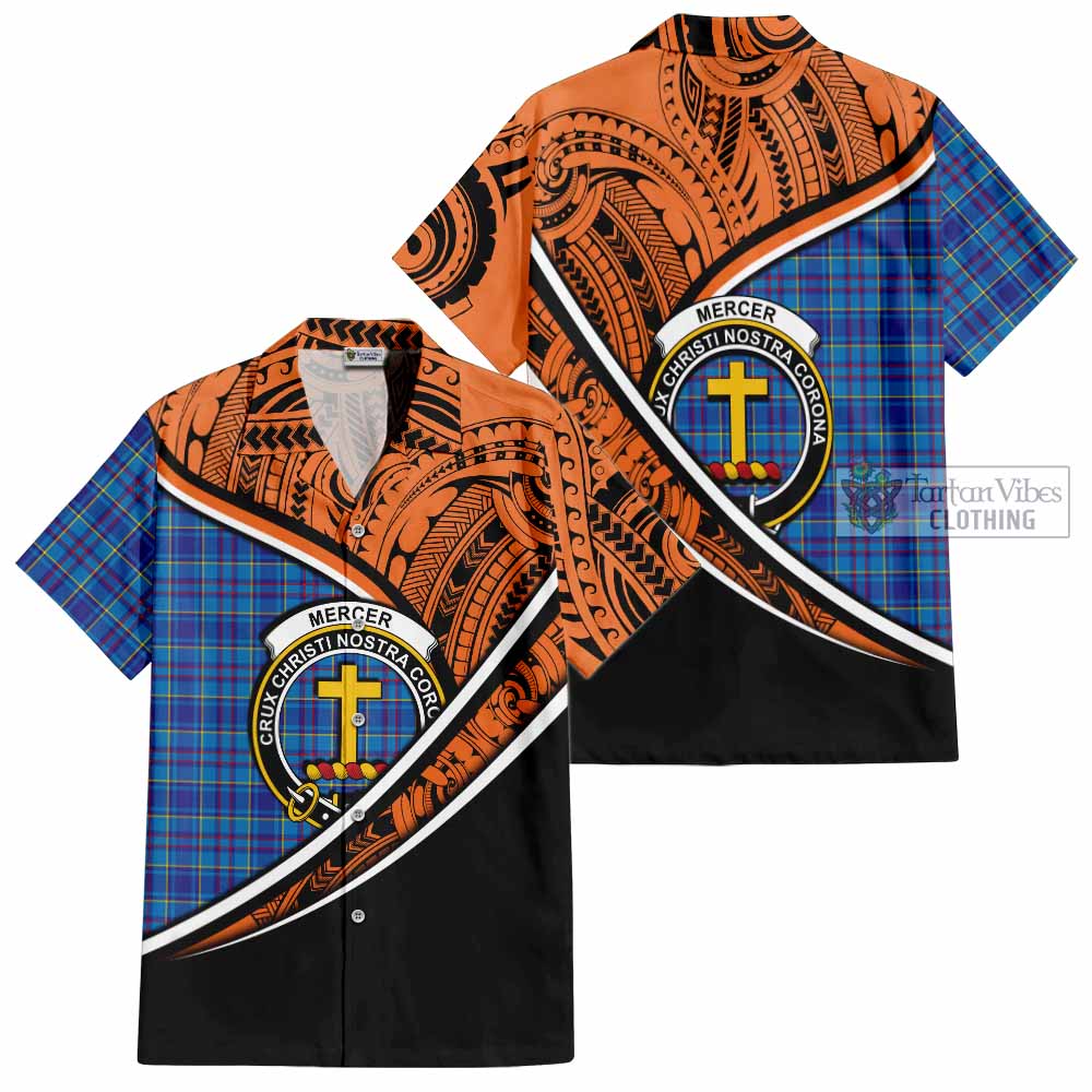 Tartan Vibes Clothing Mercer Crest Tartan Short Sleeve Button Shirt with Maori Tattoo Style - Orange Version