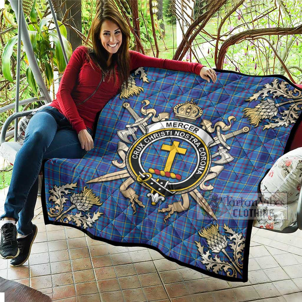 Tartan Vibes Clothing Mercer Tartan Quilt with Family Crest and Scottish Golden Courage Shield