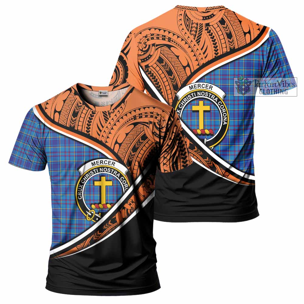 Tartan Vibes Clothing Mercer Crest Tartan T-Shirt with Maori Tattoo Style - Orange Version