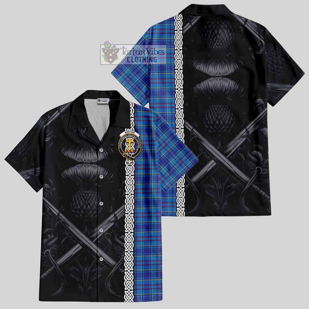 Tartan Vibes Clothing Mercer Tartan Short Sleeve Button Shirt with Family Crest Cross Sword Thistle Celtic Vibes