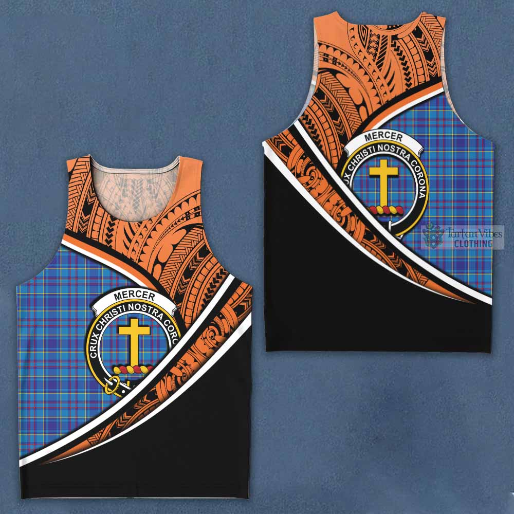 Tartan Vibes Clothing Mercer Crest Tartan Men's Tank Top with Maori Tattoo Style - Orange Version