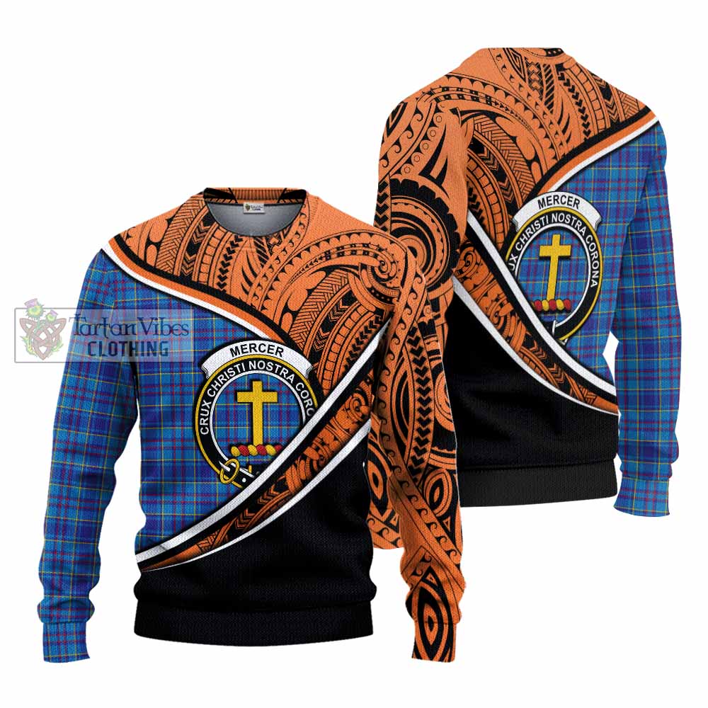 Tartan Vibes Clothing Mercer Crest Tartan Knitted Sweater with Maori Tattoo Style - Orange Version