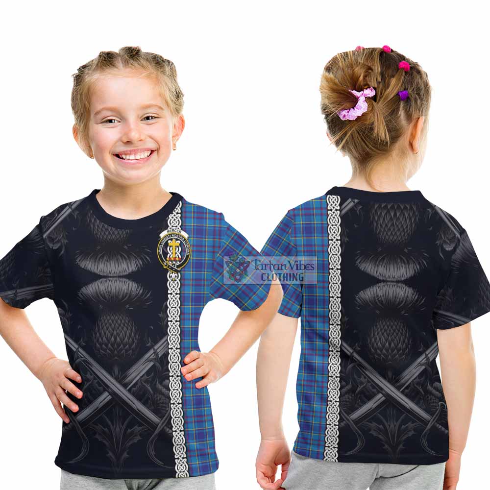 Tartan Vibes Clothing Mercer Tartan Kid T-Shirt with Family Crest Cross Sword Thistle Celtic Vibes