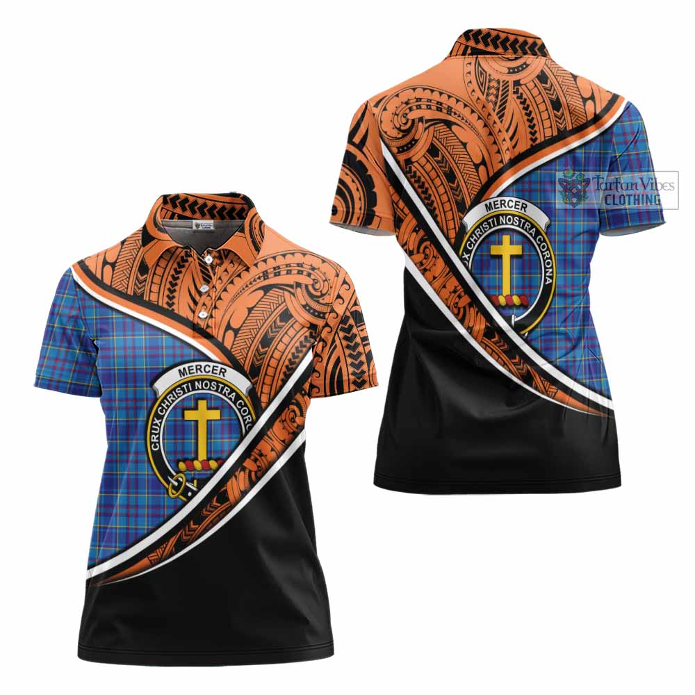 Tartan Vibes Clothing Mercer Crest Tartan Women's Polo Shirt with Maori Tattoo Style - Orange Version