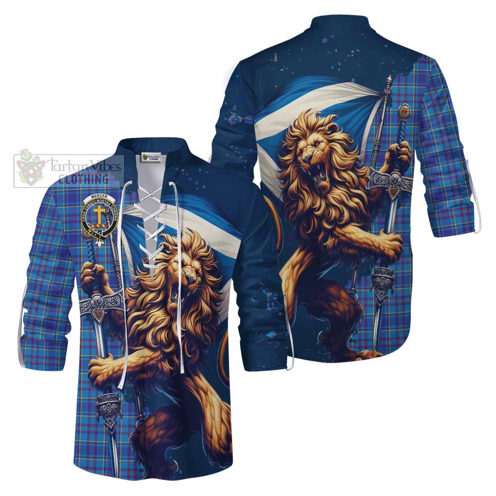 Tartan Vibes Clothing Mercer Tartan Family Crest Ghillie Kilt Shirt with Scottish Majestic Lion