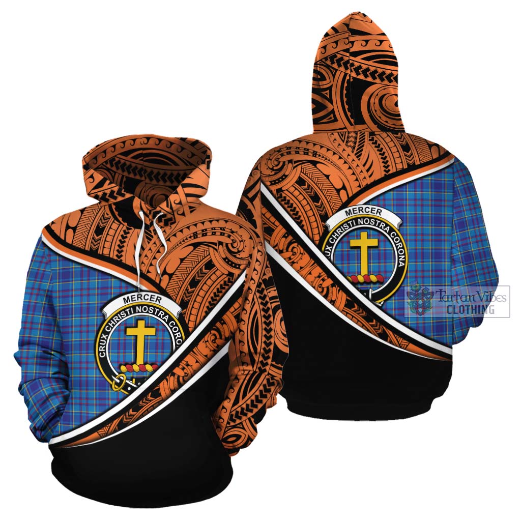 Tartan Vibes Clothing Mercer Crest Tartan Cotton Hoodie with Maori Tattoo Style - Orange Version