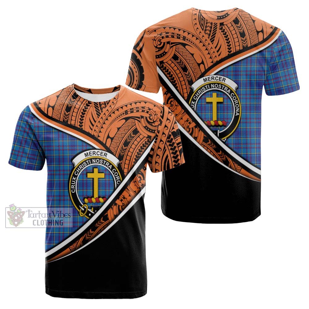 Tartan Vibes Clothing Mercer Crest Tartan Cotton T-shirt with Maori Tattoo Style - Orange Version