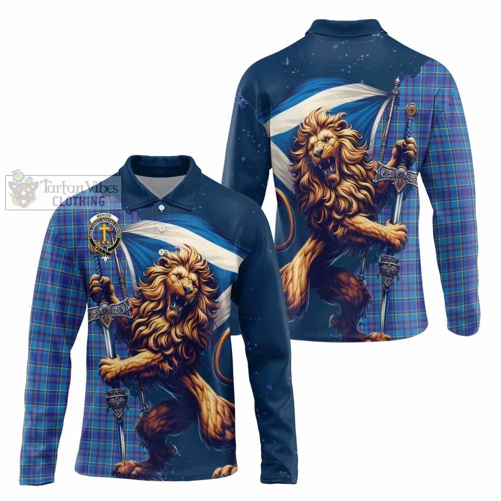 Tartan Vibes Clothing Mercer Tartan Family Crest Long Sleeve Polo Shirt with Scottish Majestic Lion