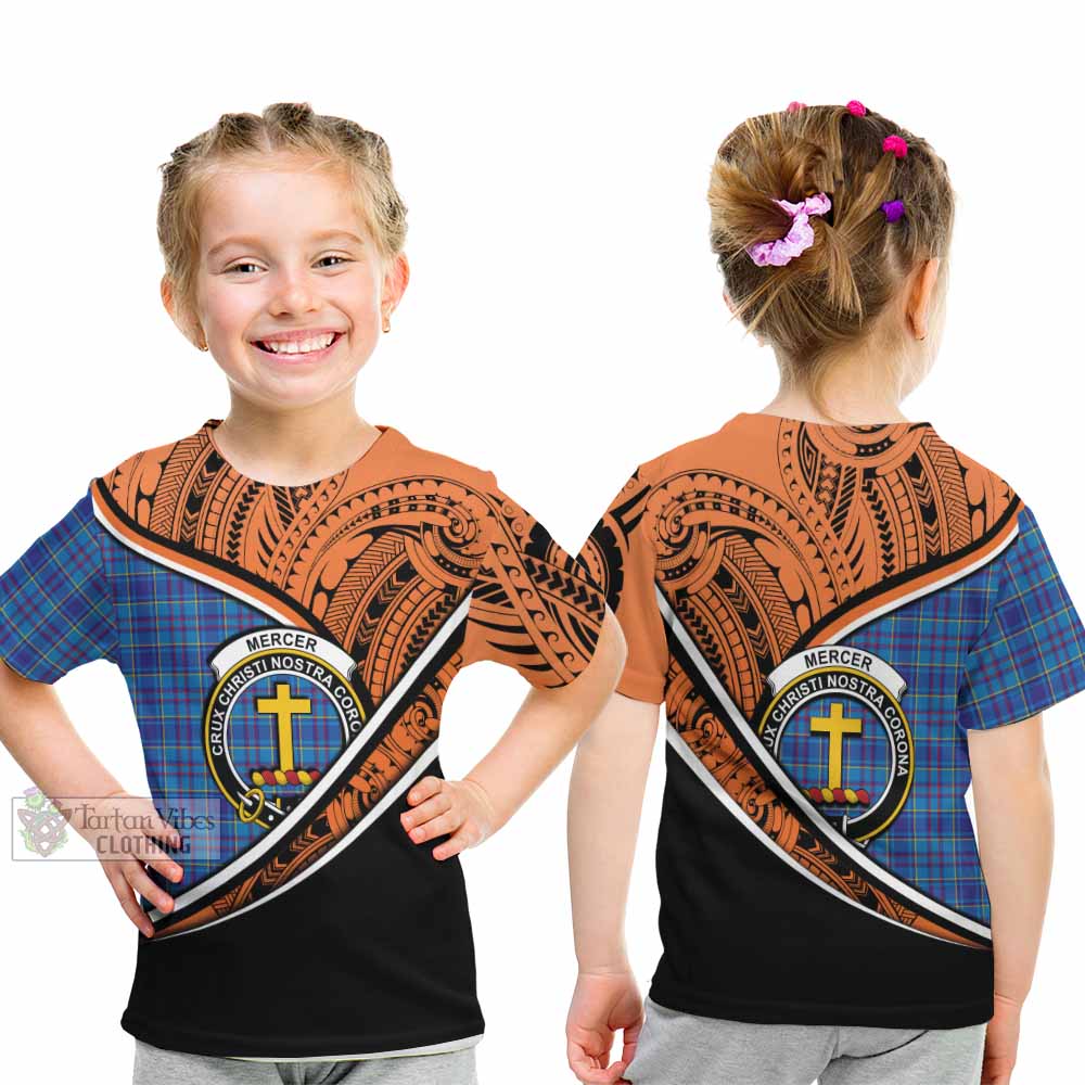 Tartan Vibes Clothing Mercer Crest Tartan Kid T-Shirt with Maori Tattoo Style - Orange Version