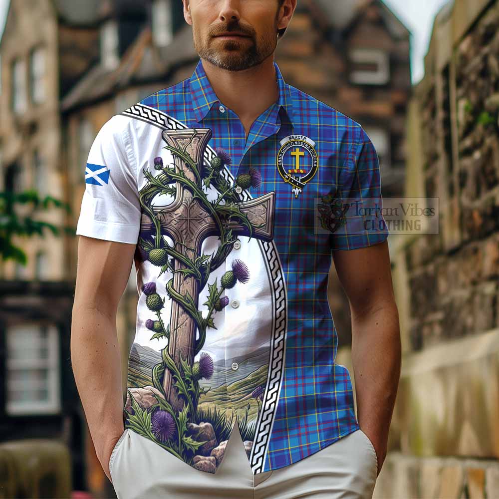 Tartan Vibes Clothing Mercer Tartan Short Sleeve Button Shirt with Family Crest and St. Andrew's Cross Accented by Thistle Vines