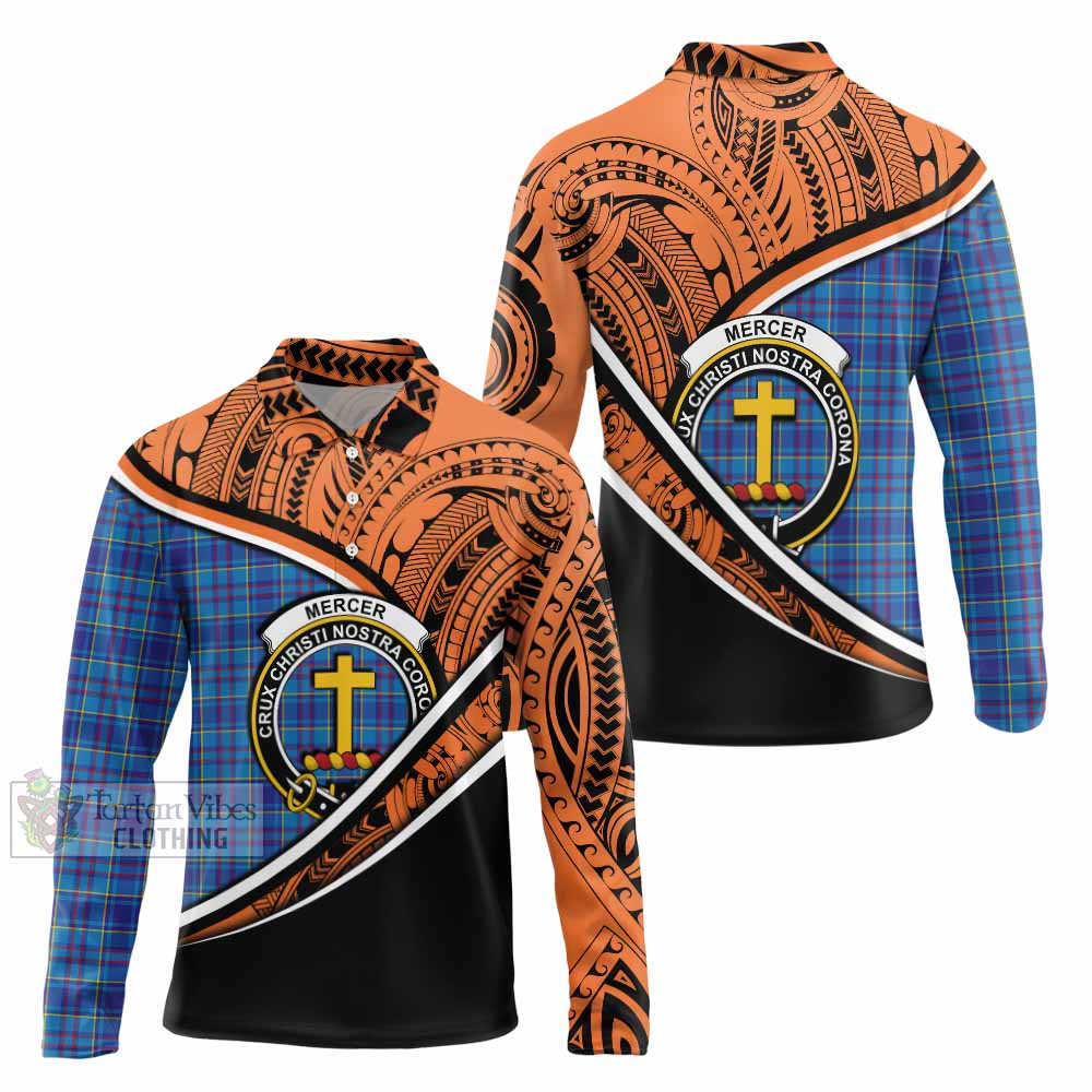 Tartan Vibes Clothing Mercer Crest Tartan Long Sleeve Polo Shirt with Maori Tattoo Style - Orange Version