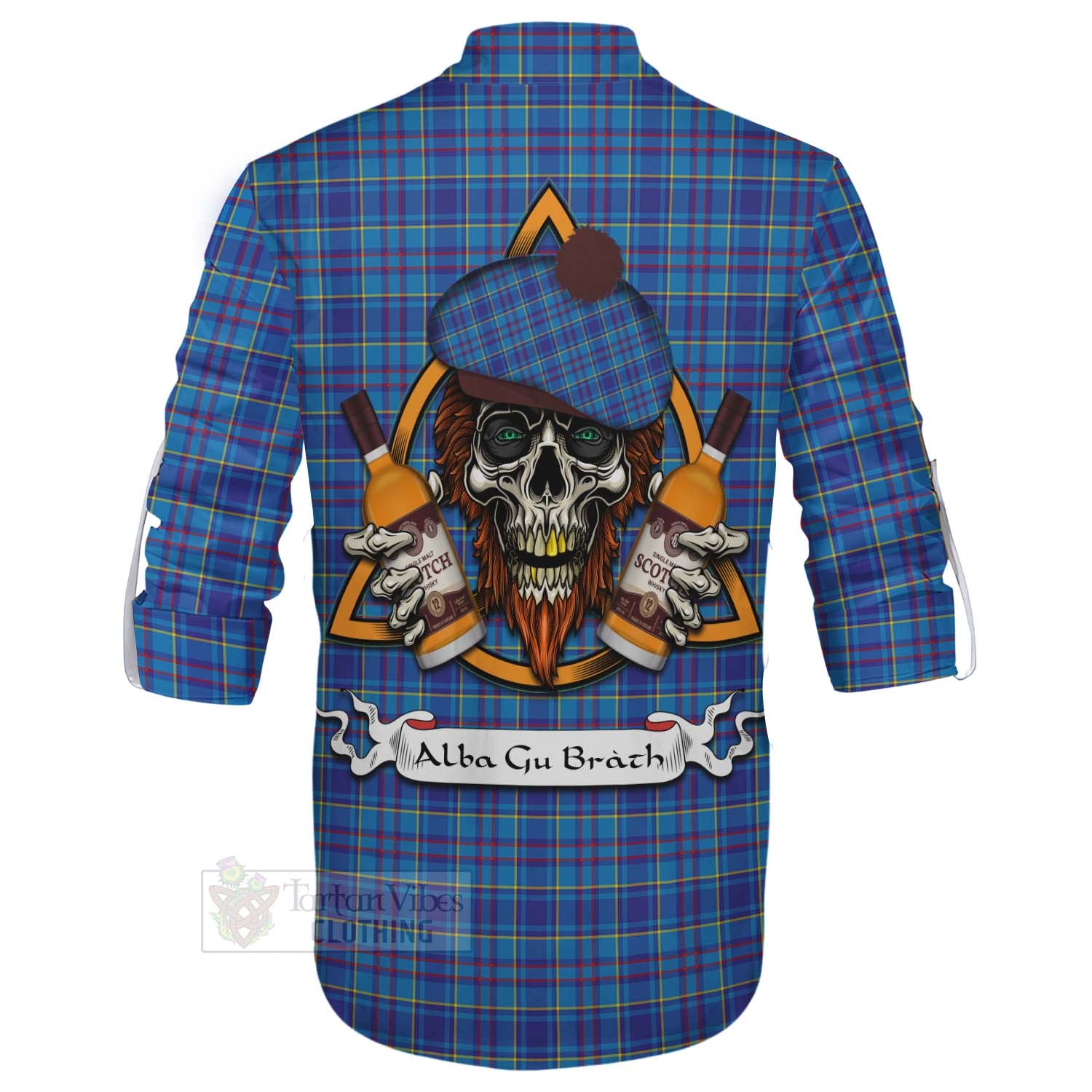 Tartan Vibes Clothing Mercer Tartan Ghillie Kilt Shirt with Family Crest and Bearded Skull Holding Bottles of Whiskey