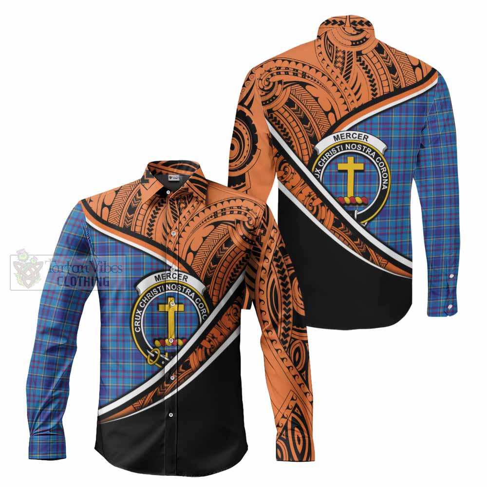 Tartan Vibes Clothing Mercer Crest Tartan Long Sleeve Button Shirt with Maori Tattoo Style - Orange Version