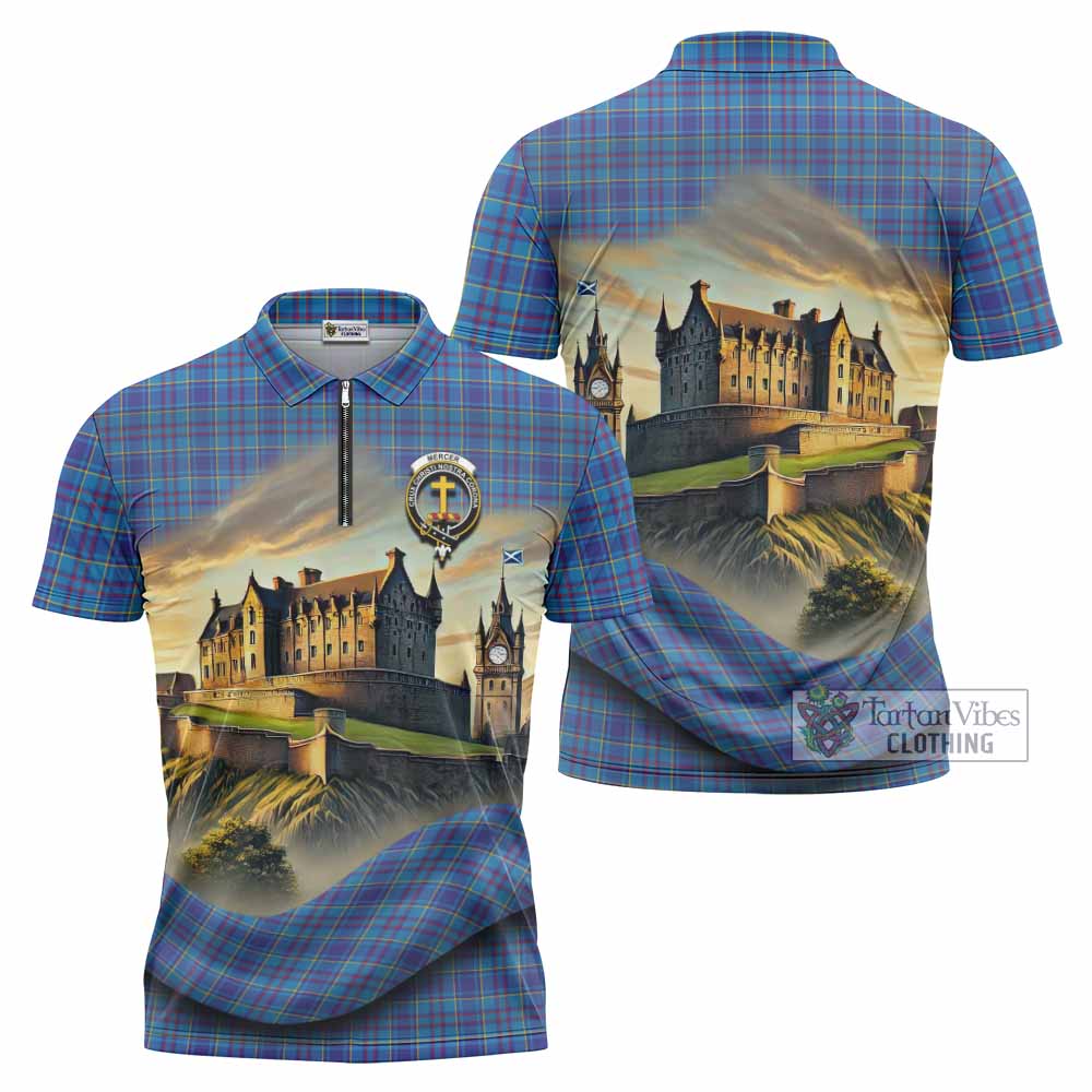 Mercer Tartan Family Crest Zipper Polo Shirt with Scottish Ancient Castle Style - Tartan Vibes Clothing