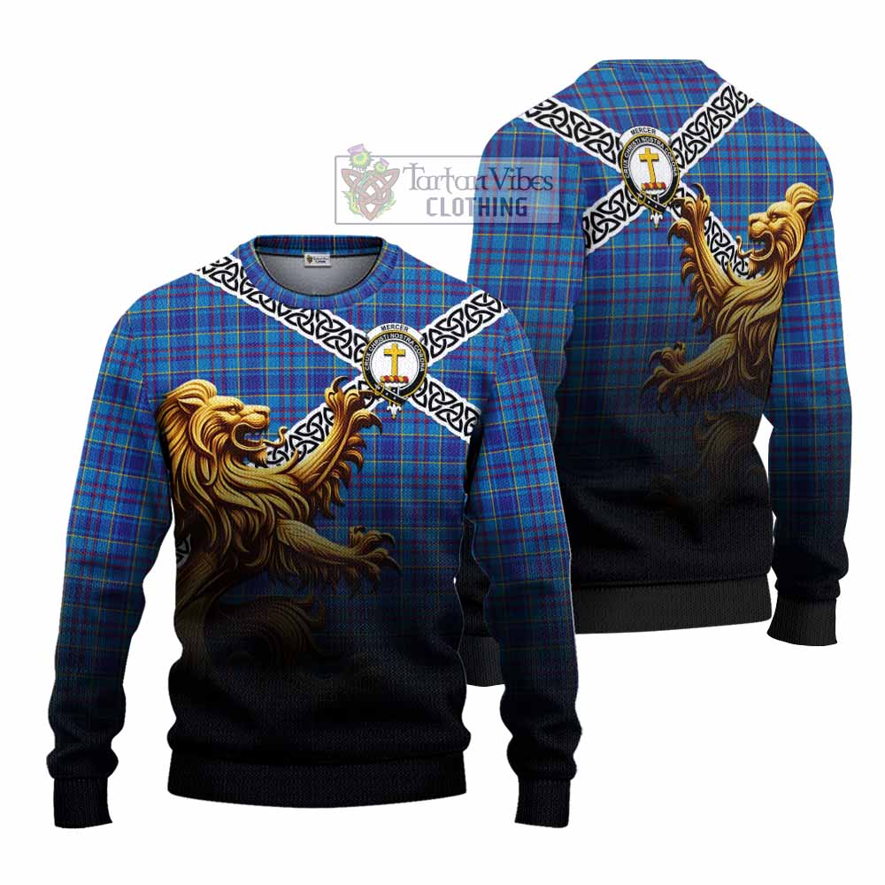 Mercer Crest Tartan Knitted Sweater with Golden Lion Emblem Celtic Style - Tartan Vibes Clothing