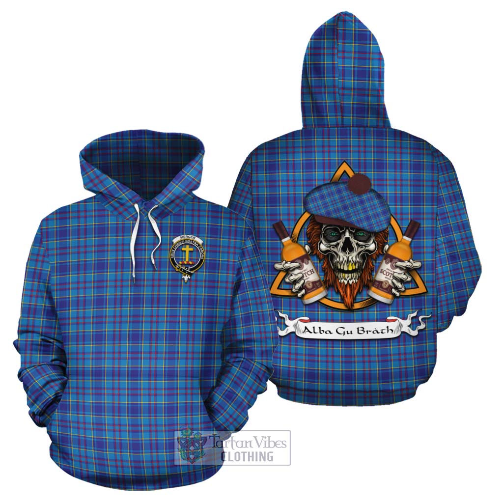 Tartan Vibes Clothing Mercer Tartan Cotton Hoodie with Family Crest and Bearded Skull Holding Bottles of Whiskey